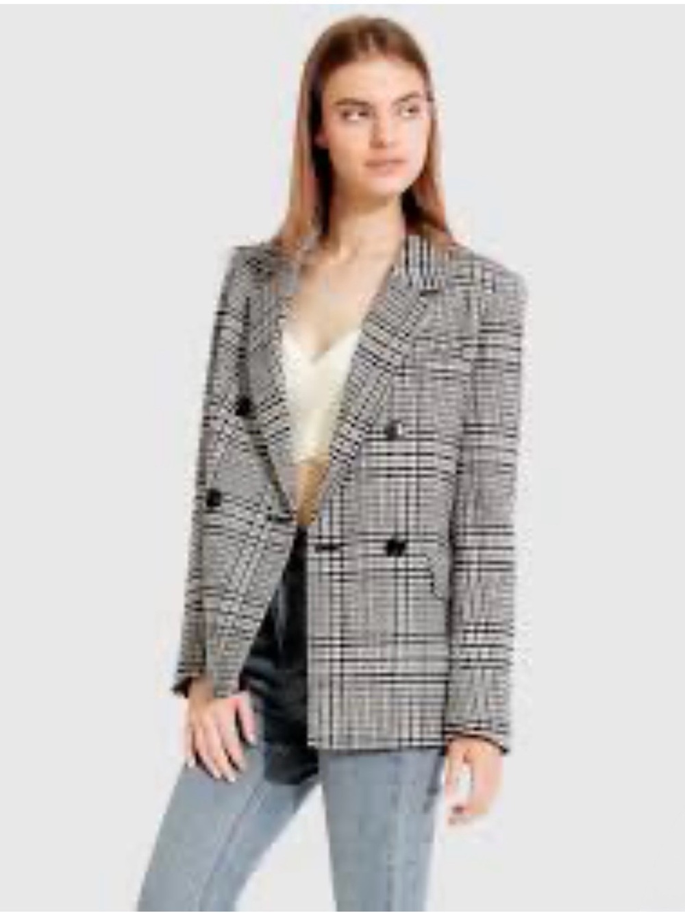 Women's Black & White Glen Plaid Double-Breasted Blazer